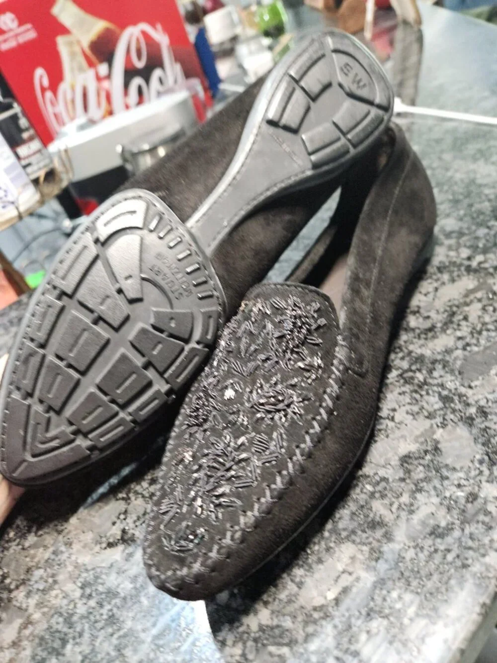 Stuart Weitzman sequin embroidered black suede loafers